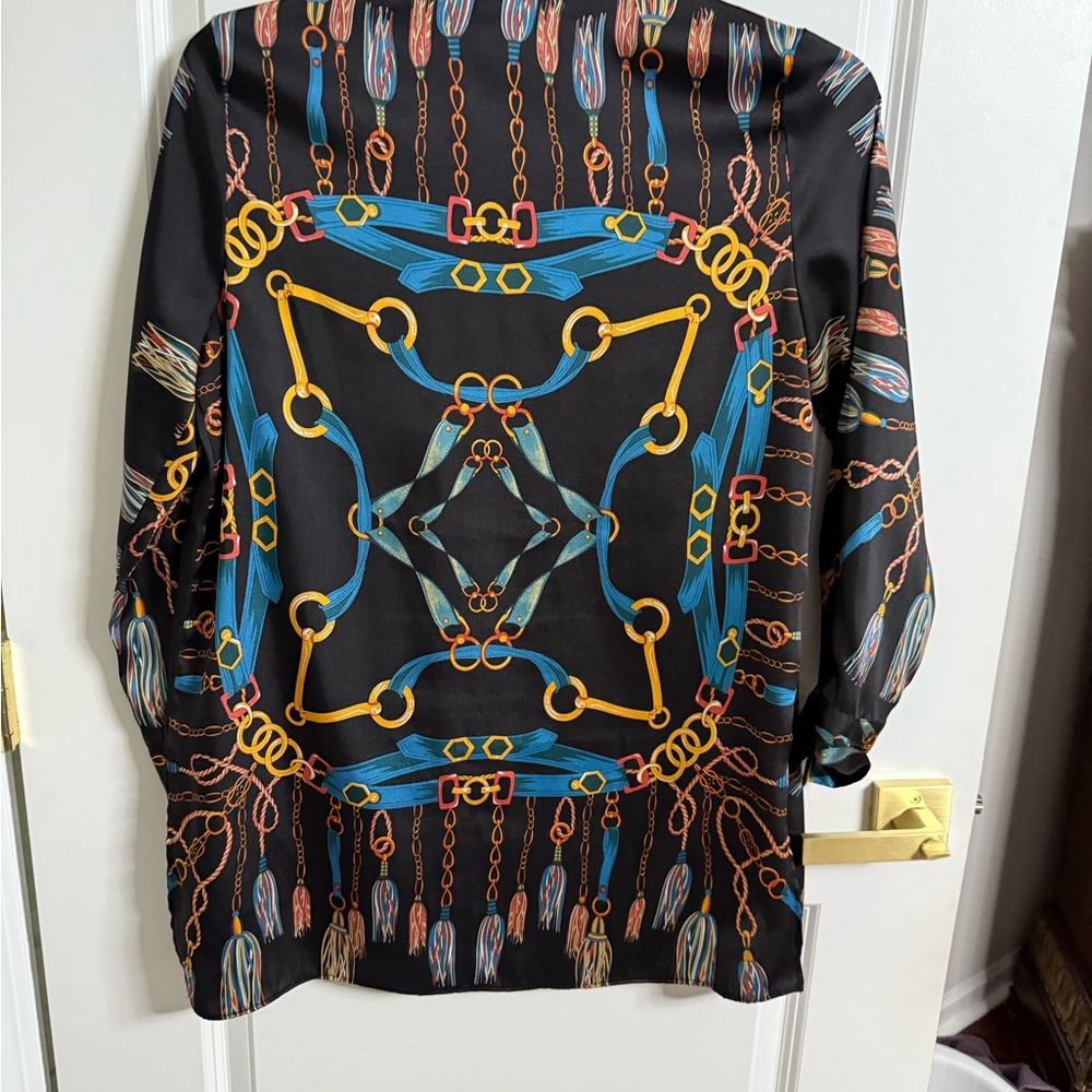 Zara Black Blouse with Gold and Blue Chain Print